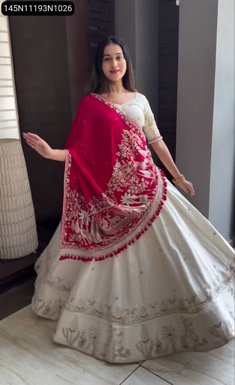 TRENDBUY White Lehenga Choli with Red Embroidered Dupatta, Model Front Pose