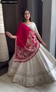 White & Red Embroidered Vichitra Silk Lehenga Choli for Women | Festive Glam