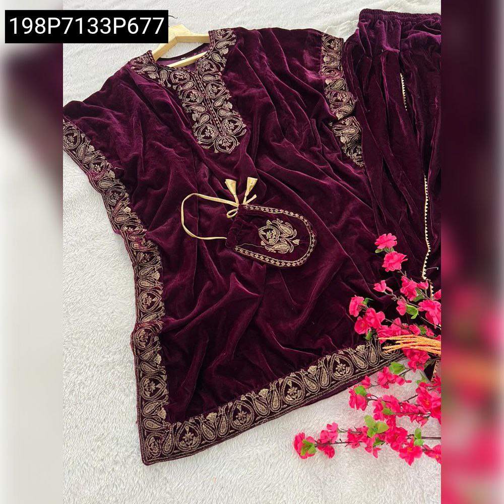 Women's Wine Viscose Velvet Kaftan Dhoti Set with Embroidery and Drawstring Pouch