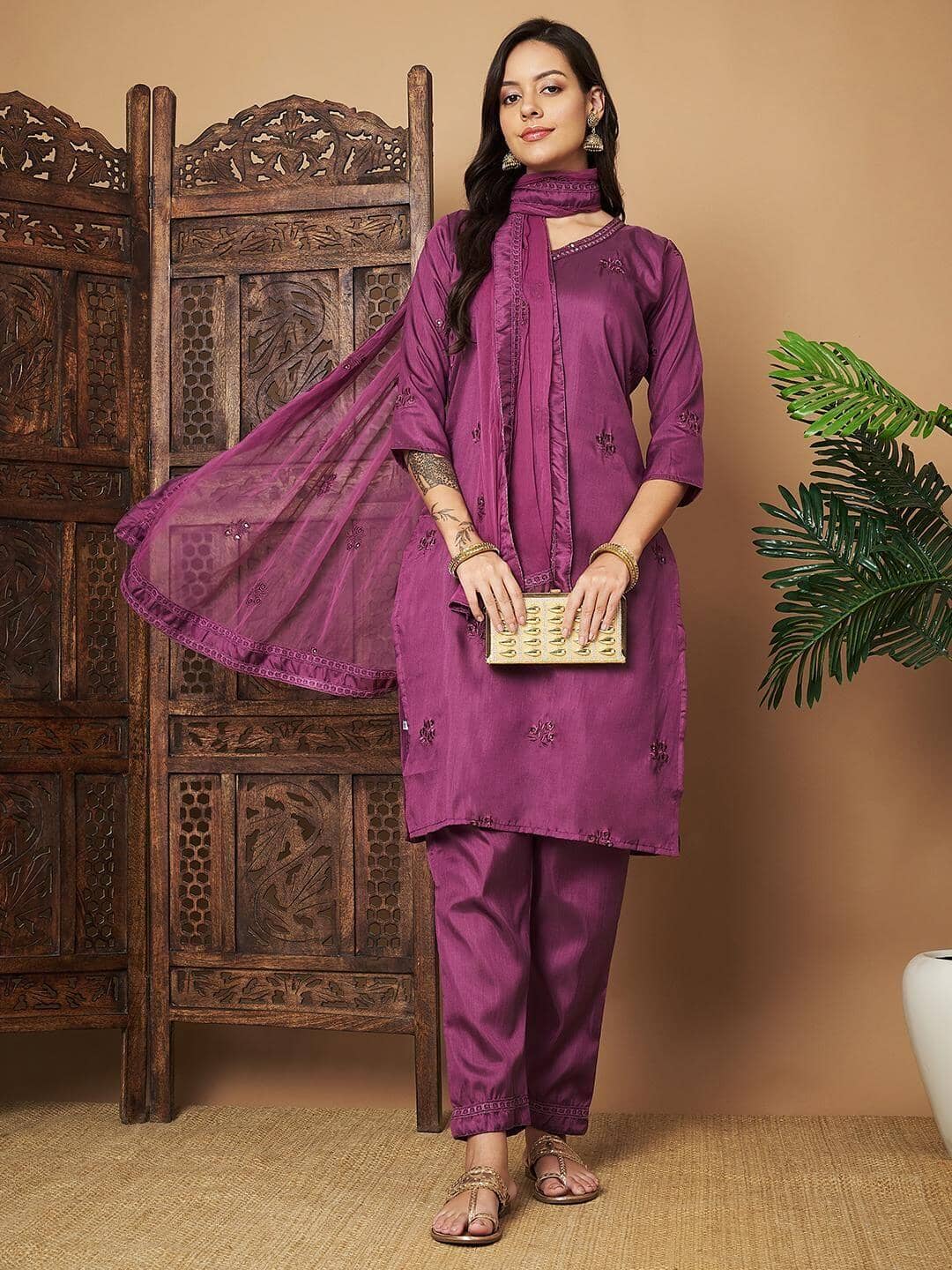 Women Embroidered Straight Kurta Set with Dupatta