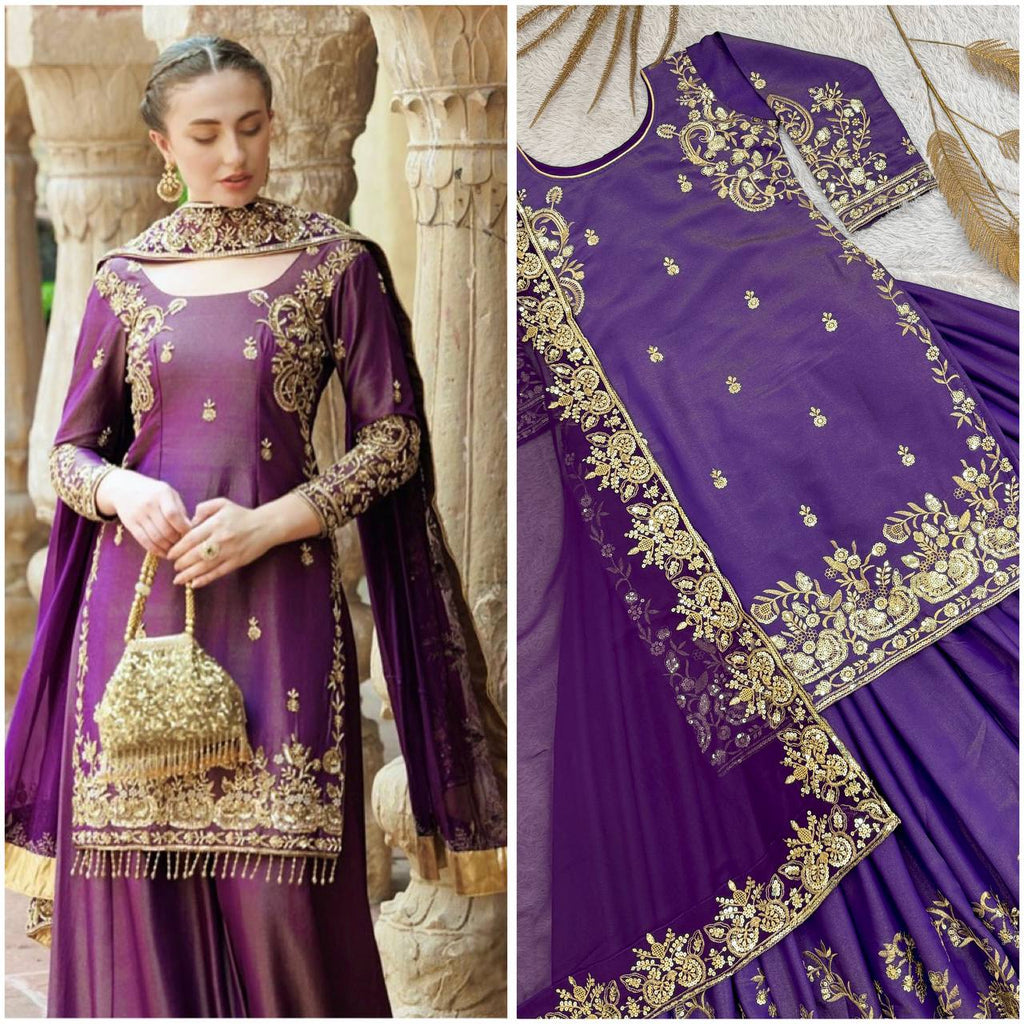 Women's Royal Purple 3 Piece Kurti Set with gold embroidery, full model shot holding a traditional potli bag, front view.
