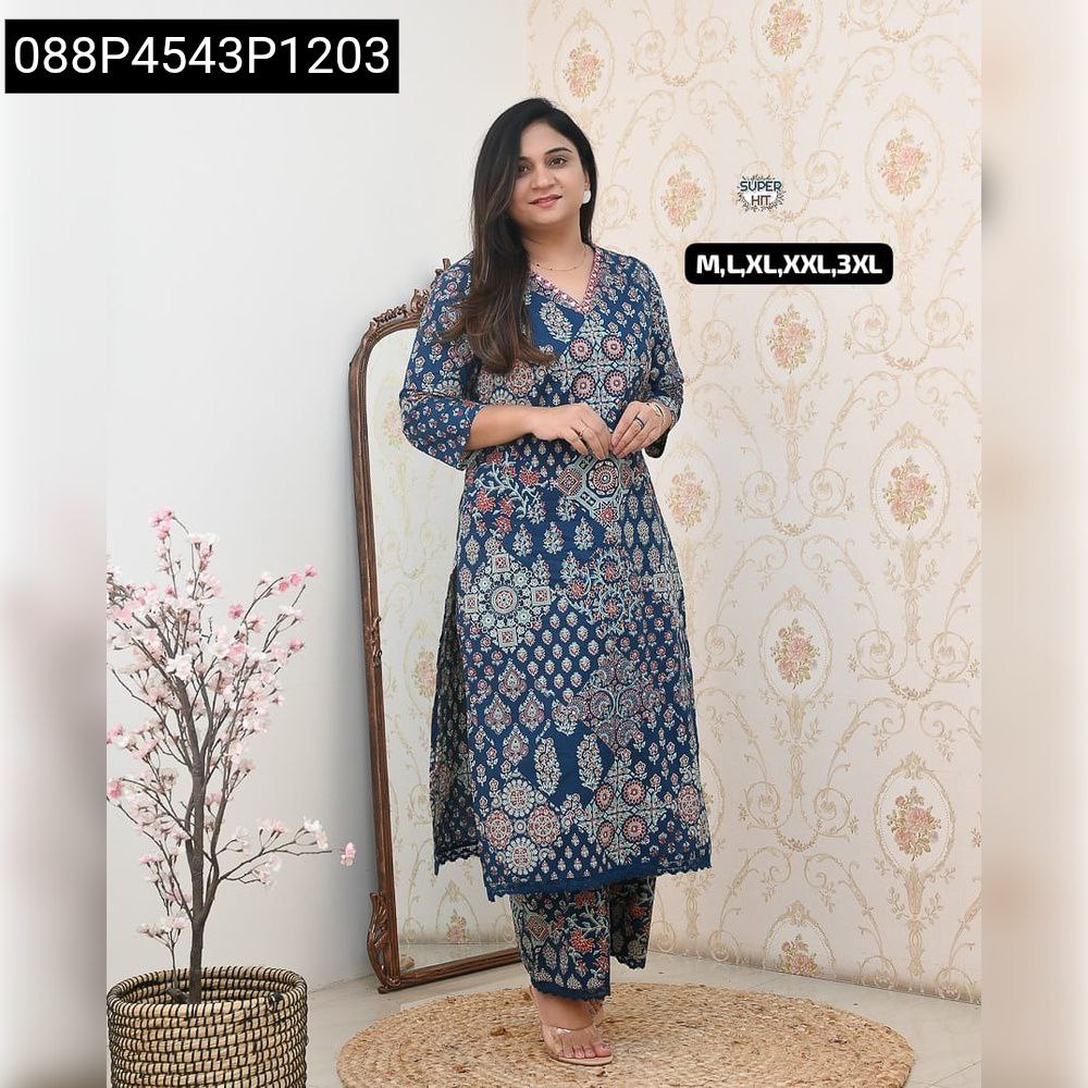 Women's Blue Blossom Print Cotton Co-ord Set, A-Line Kurti with Ankle Length Pant, full body model shot