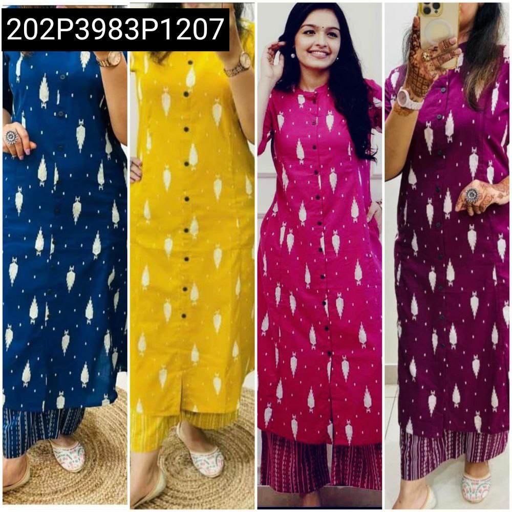 Four models showcasing A-Line Cotton Co-ord Sets in indigo blue, sunshine yellow, fuchsia pink, and royal purple with traditional prints.
