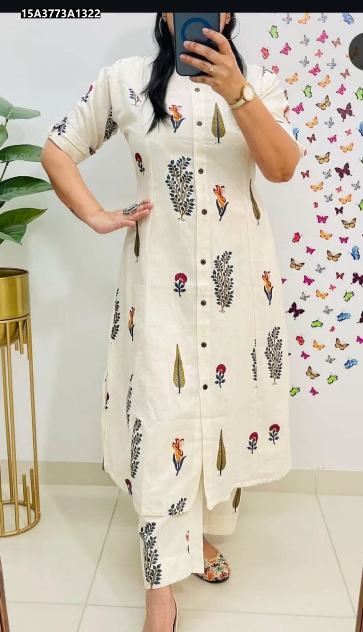 Women's Creamy White A-line Kurti and Ankle Pant Co-ord Set with Digital Print, front view