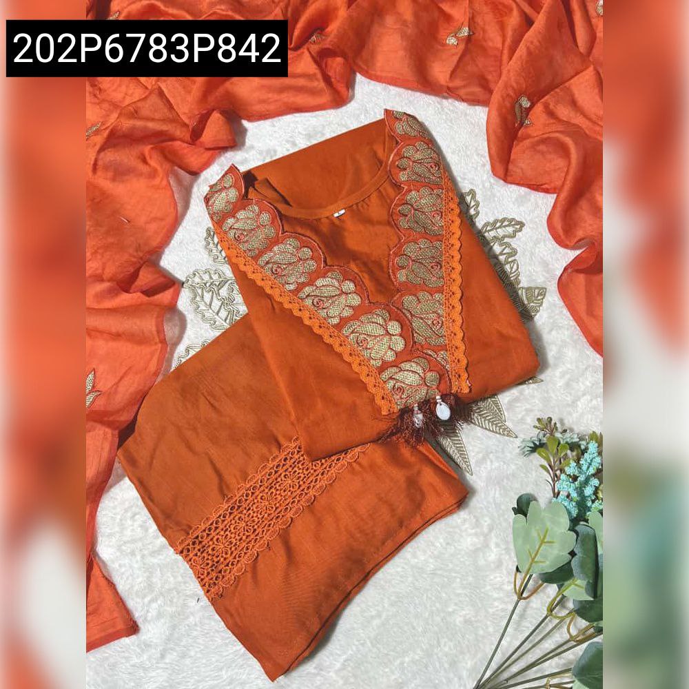 Rust Orange Tesla Slub Cotton Kurta Set with floral embroidery and cutwork