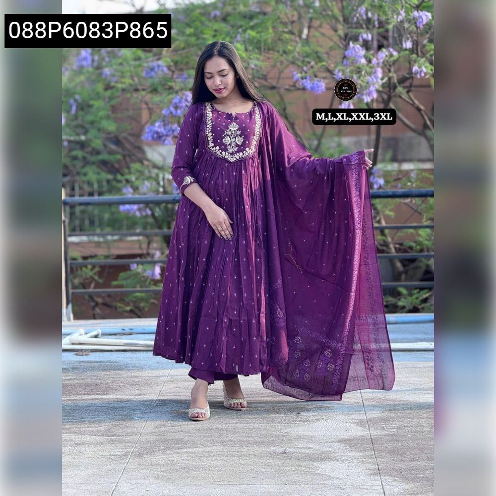 Elegant woman in full-length Lavender Embroidered Anarkali Kurta Set, posing outdoors