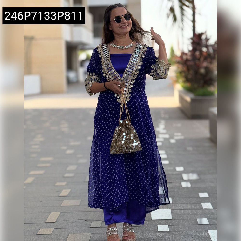 Women's Blue Bandhani Kurti Set with Mirror Work and Embroidery