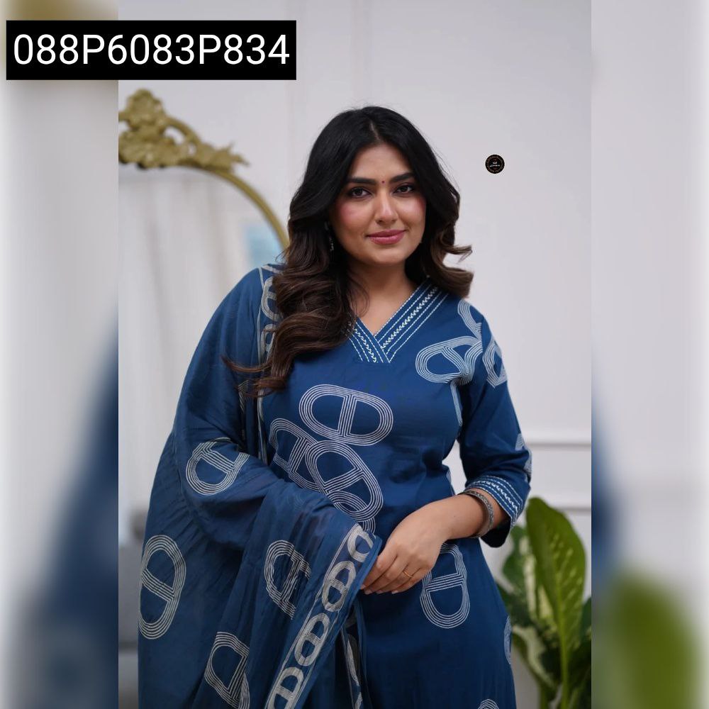 Model in Dark Blue Chanderi Cotton Kurti Set - Full body front view, smiling