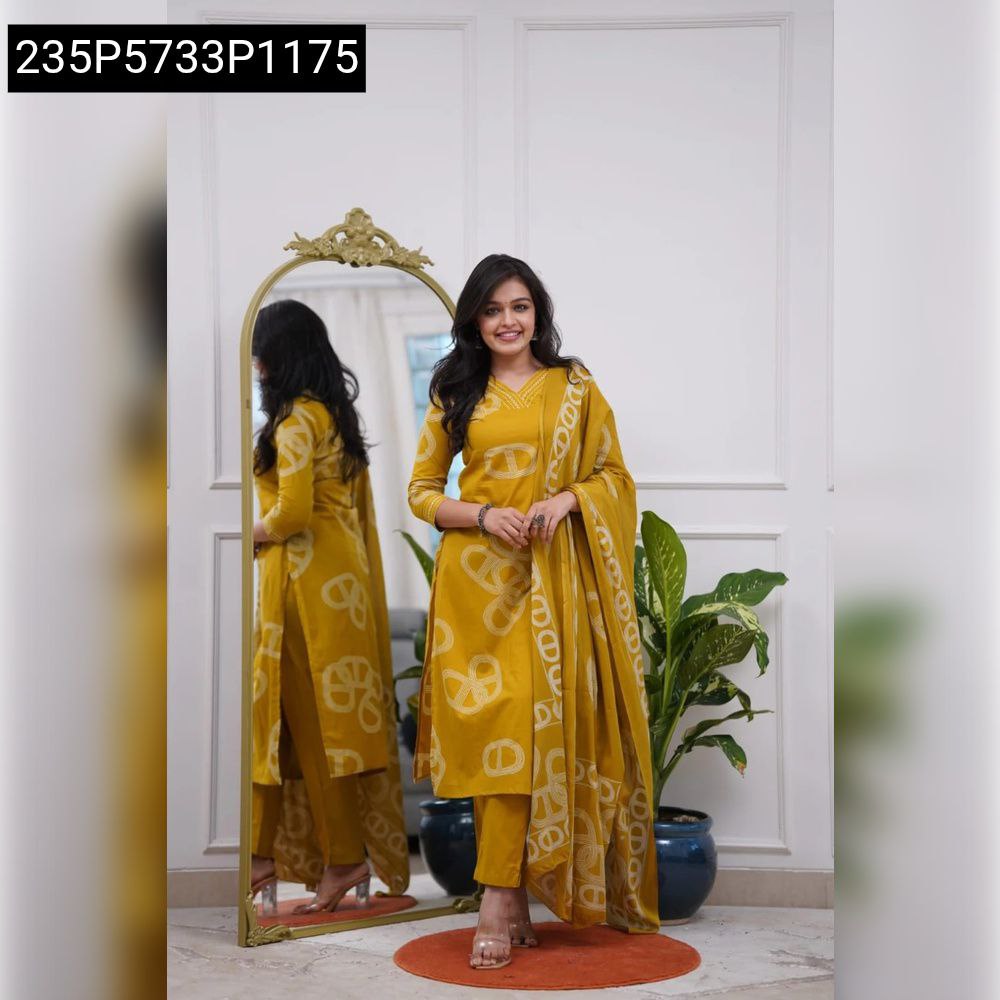 Full body shot of model in mustard yellow Chanderi kurti set with mirror reflection, smiling.