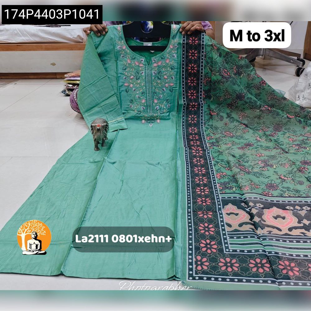 Mint Green Chanderi Maslin Kurti with embroidered neckline and floral printed dupatta