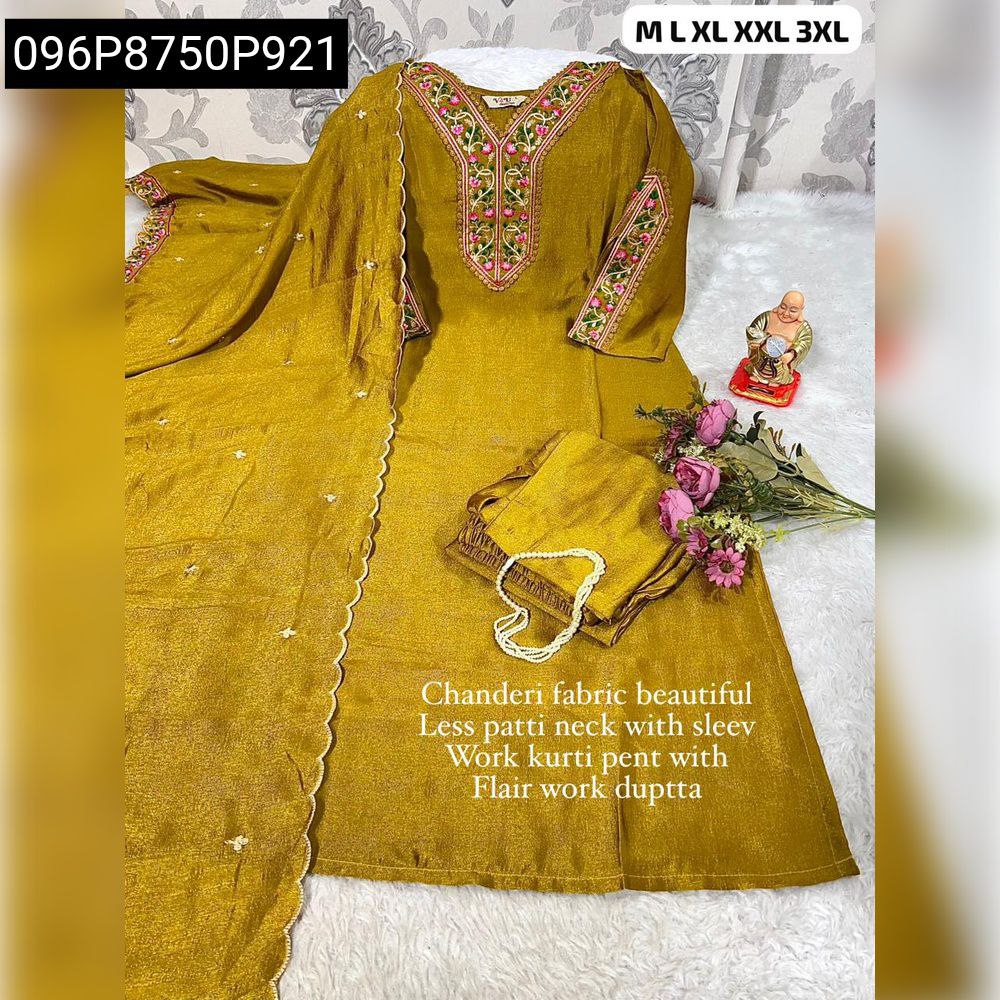 Full display of Olive Green Chanderi Silk Kurti Set with dupatta draped, displaying flow and intricate embroidery.