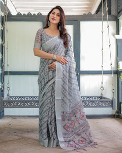 Women's Chic Ikat Print Linen Saree | Everyday & Festive Glam by LINEN