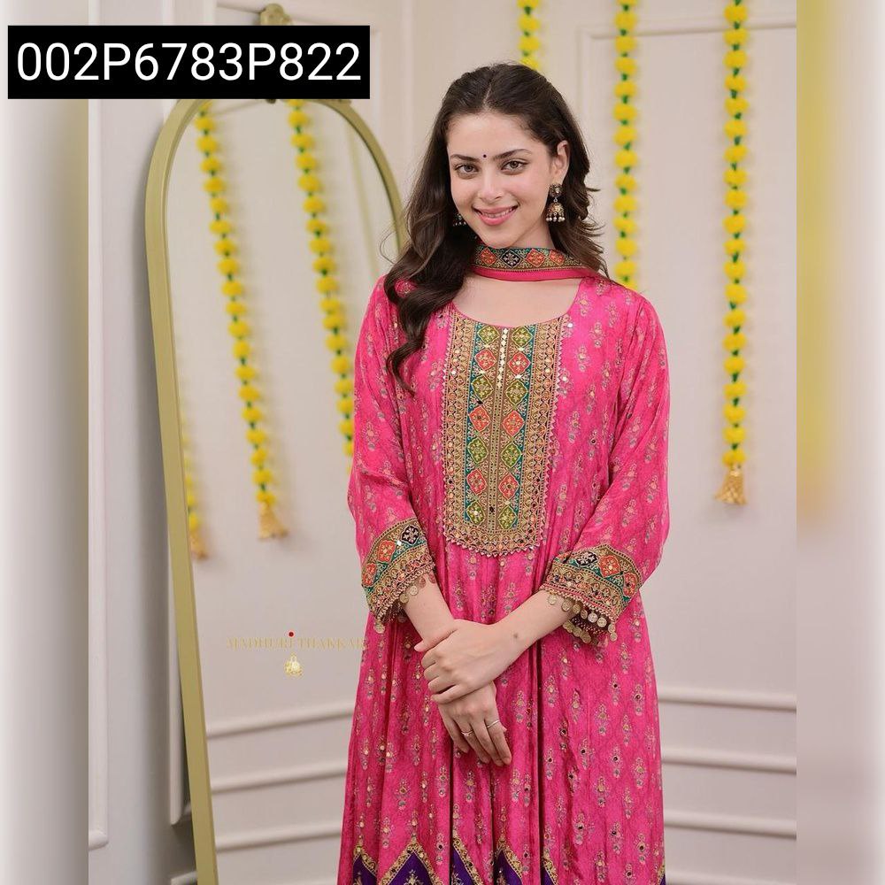 Full body model in pink Chinon kurta set with embroidery and mirror work, front pose.