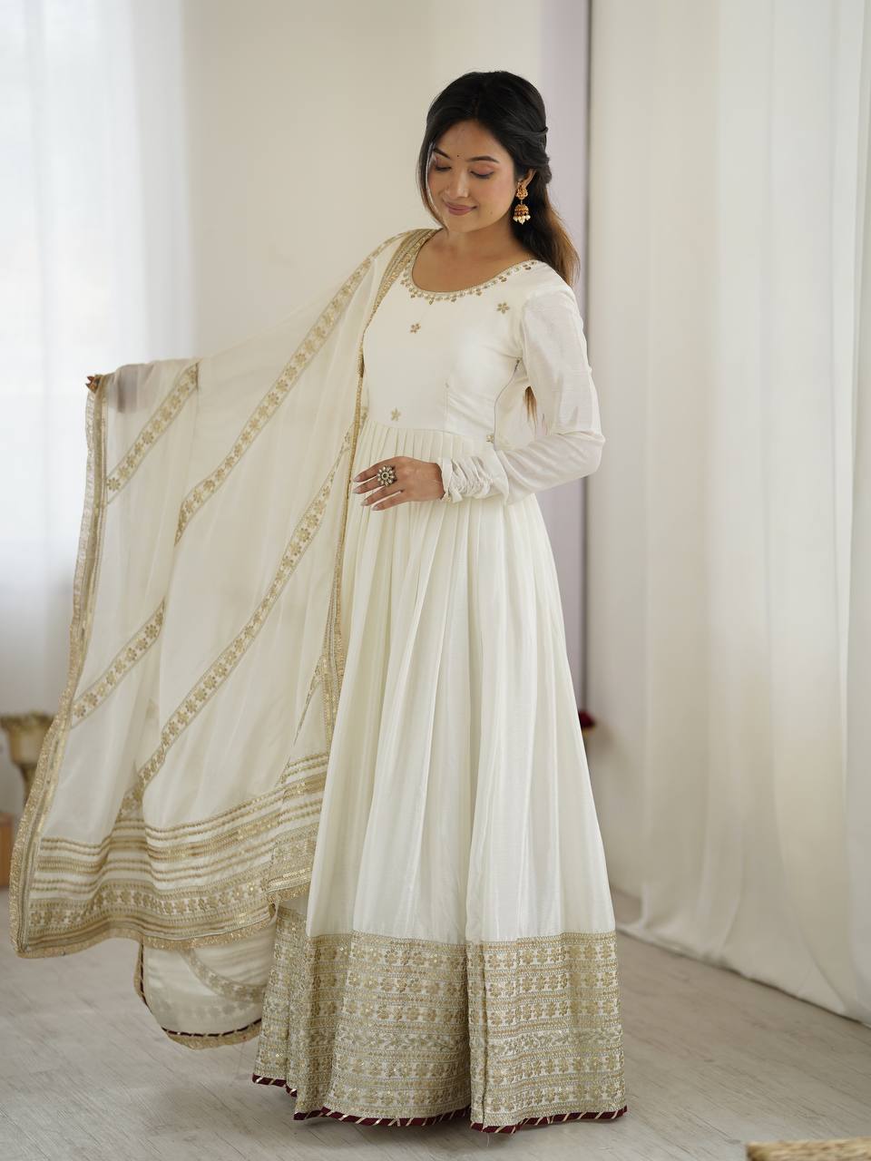 Elegant White Chinon Silk Anarkali Gown for Women with model posing