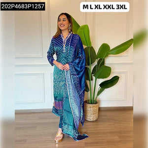 Women's Chinon Silk Designer Kurti Pant Dupatta Set | Festive