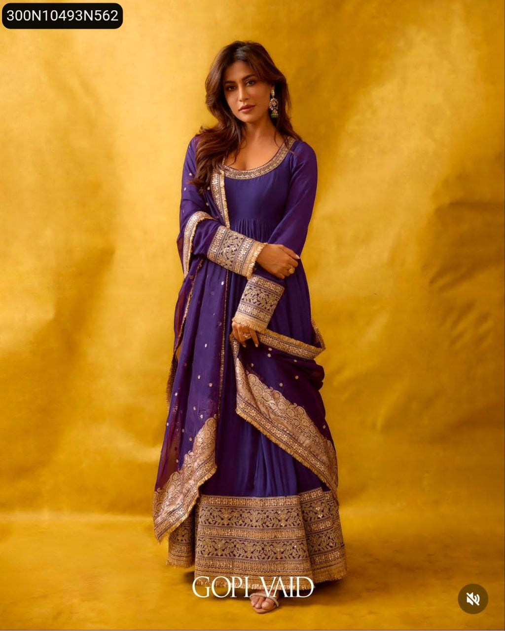 Model standing in a full-body pose, displaying the complete purple Chinon silk embroidered gown with dupatta.