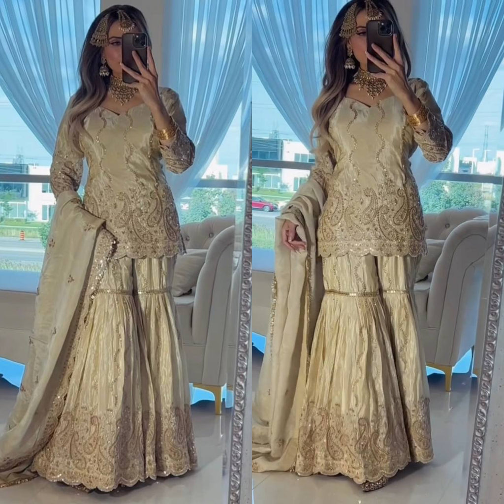 Women's Cream Gold Chinon Silk Sharara Suit with 5mm Sequence Embroidery, full body model shot, front view, perfect for party wear.
