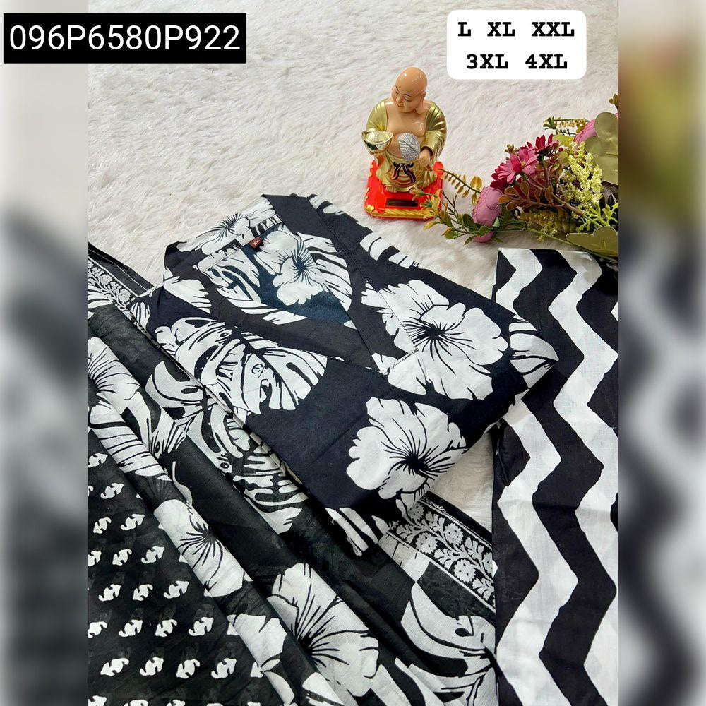Black and white floral print cotton kurti set with pant and dupatta