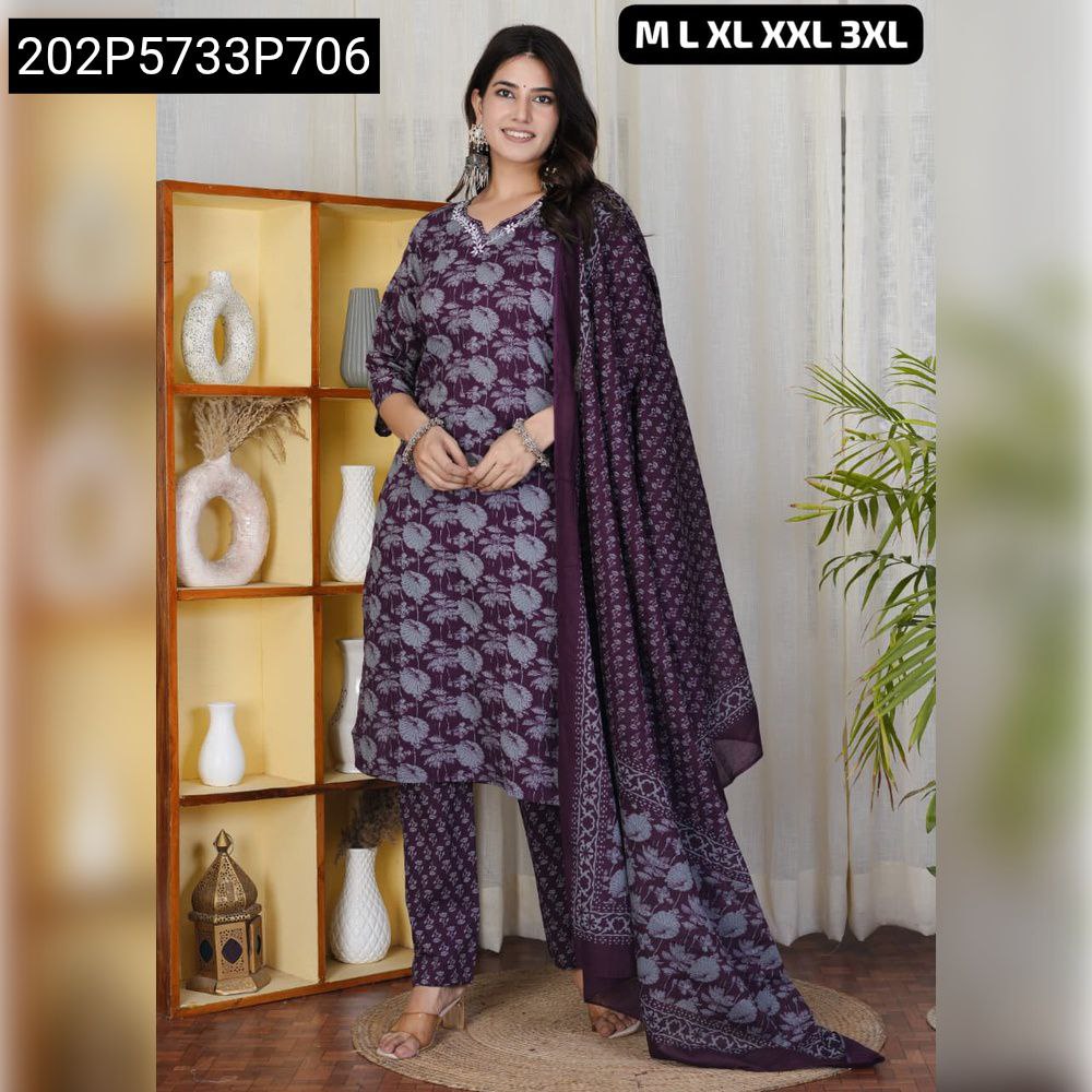 Women's Lavender Cotton Kurti Set with Sequence Work and Floral Print, model front pose