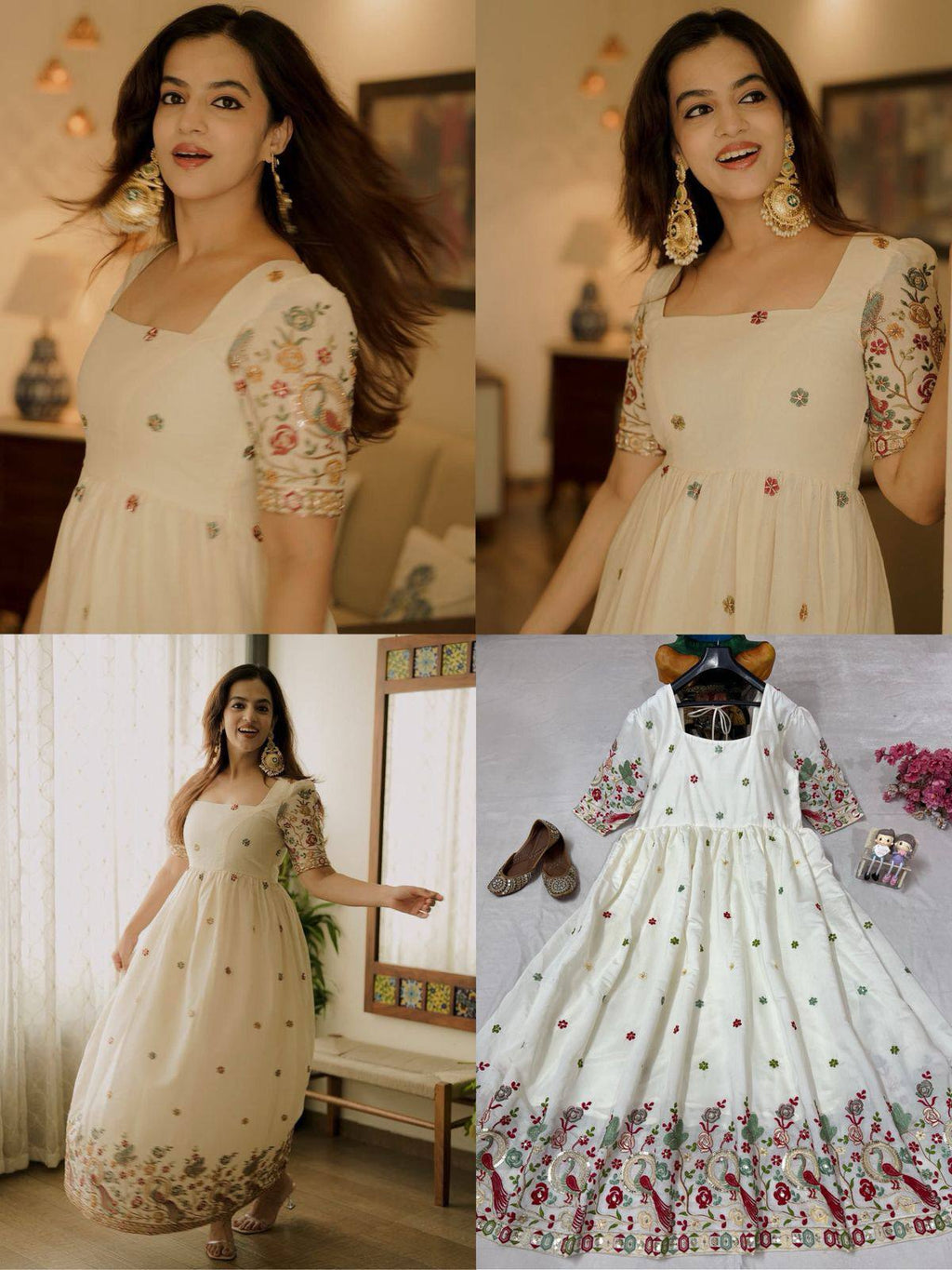 Collage of a model posing gracefully in an off-white Roman Silk Anarkali Gown with multicolor floral embroidery.