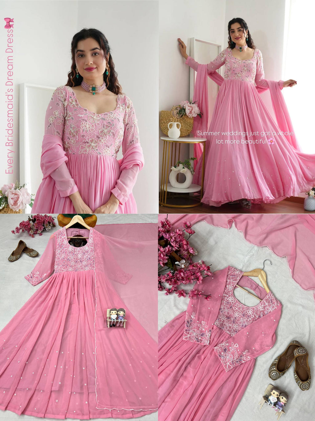 Full-length shot of a woman in a pink embroidered Georgette Anarkali gown with a dupatta, posed gracefully.
