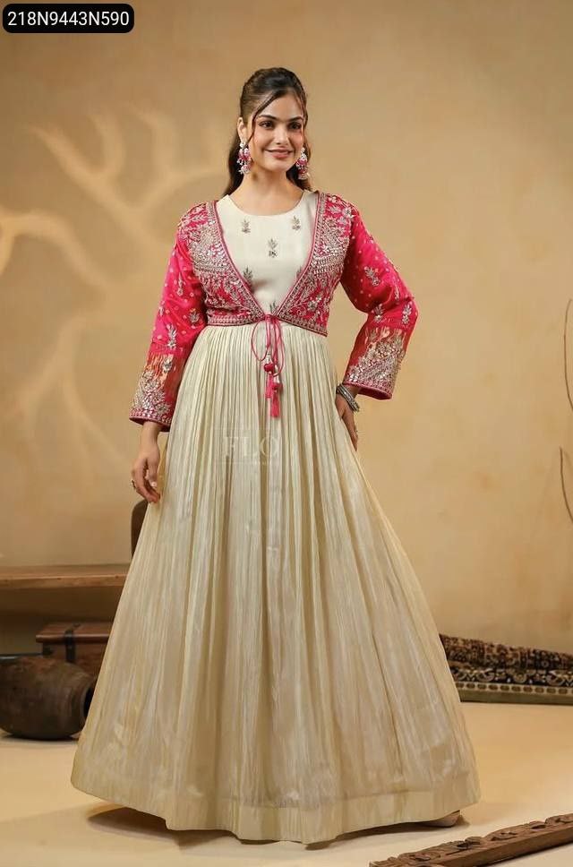 Full-body model showcasing the Women's Cream & Pink Designer Koti Gown with embroidery and Bandhni dupatta.