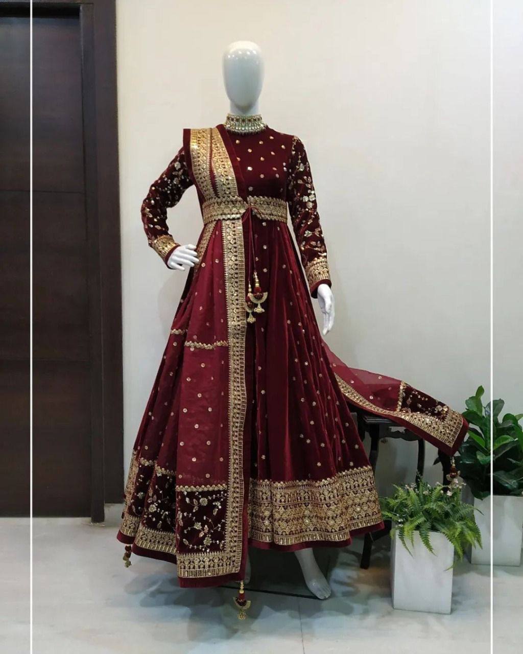Women's Designer Viscose Velvet Anarkali Gown with Sequin Work on Mannequin