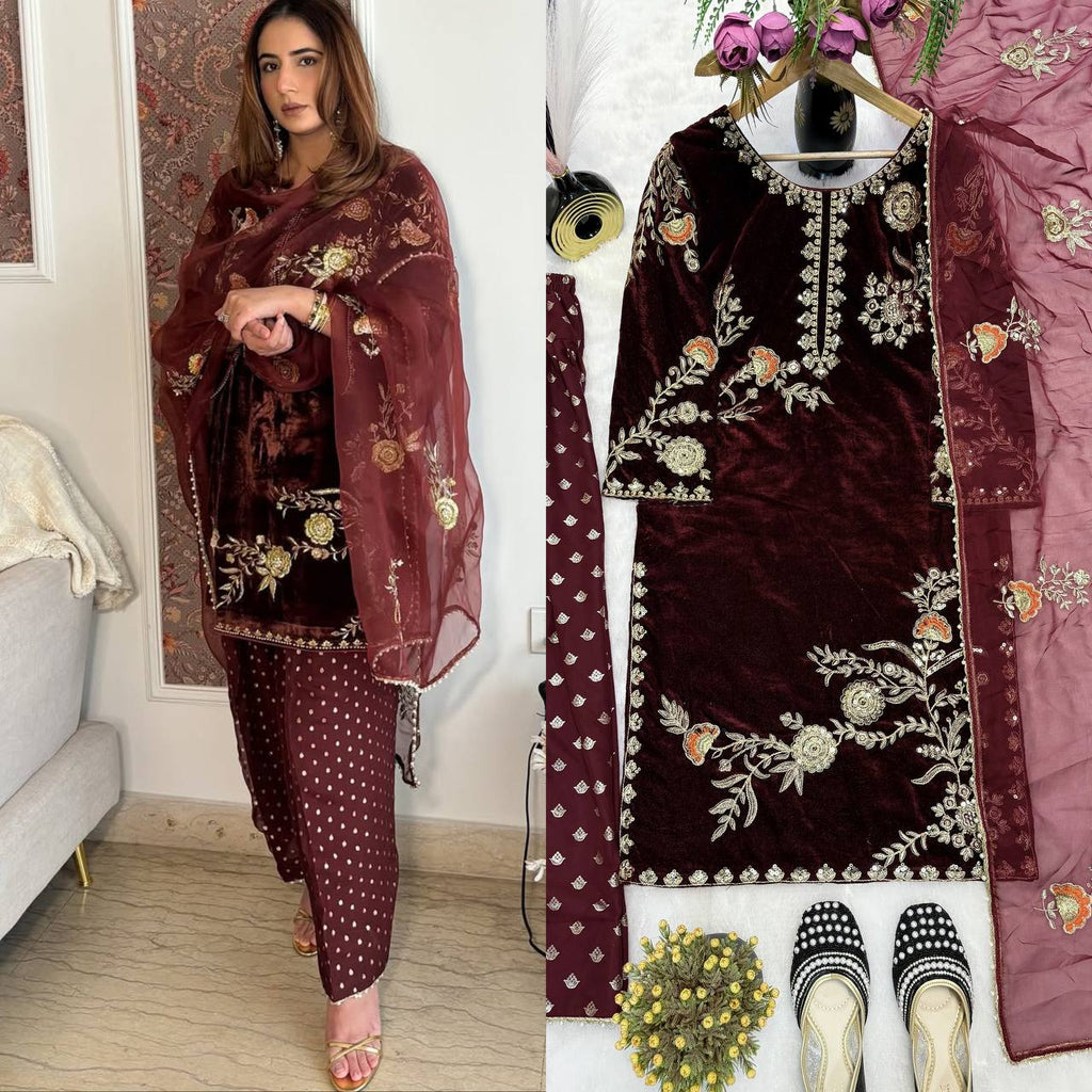 Women's Maroon Velvet Farshi Salwar Suit with intricate embroidery, shown worn by model and in flat lay.