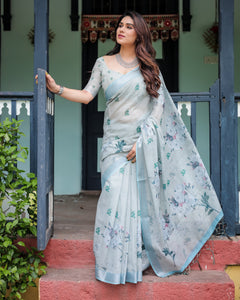 Women's Digital Floral Pure Linen Saree | Casual & Office Chic