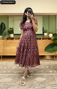 Women's Digital Print Cotton Silk Tiered Frock | Casual Chic