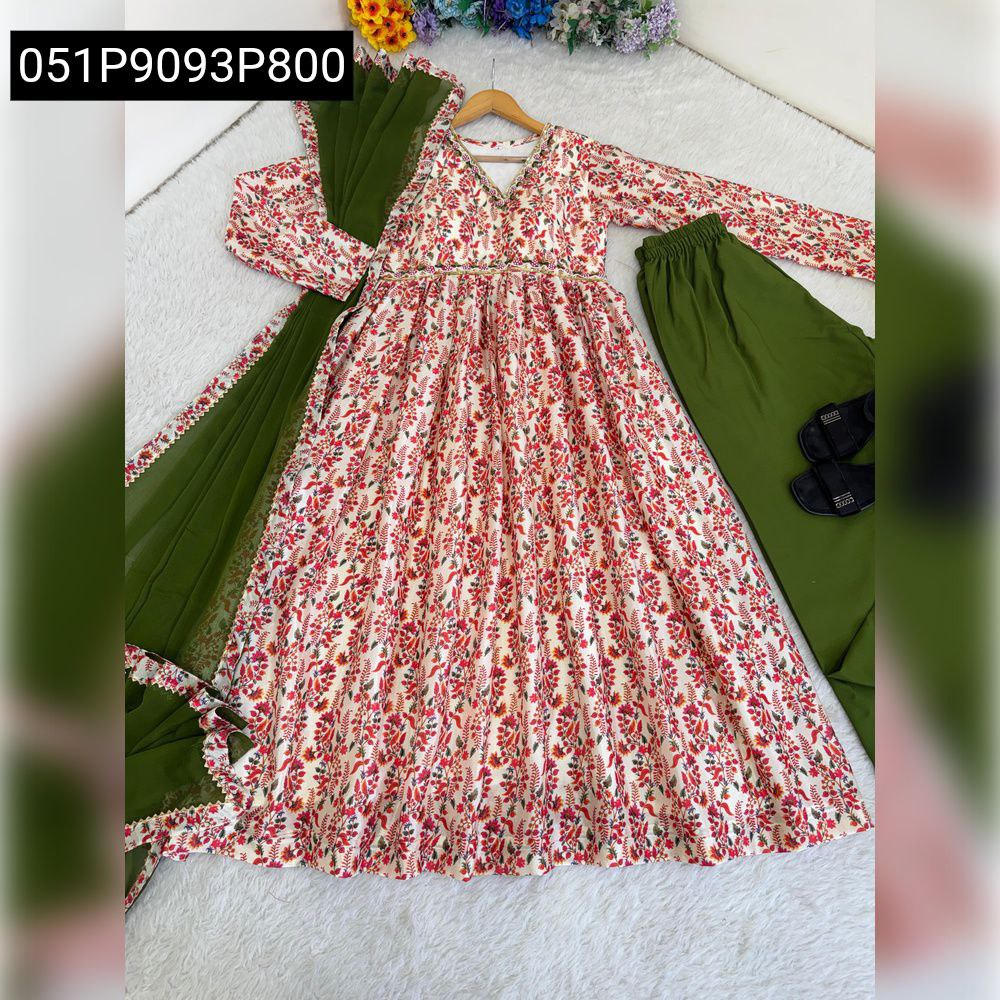 Wide, full-length shot of the digital printed Chinon Anarkali dress set, laid out to showcase the flowing flair of the dress, the pant, and the dupatta.