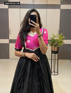 Women's Dola Silk Gown | Jacquard Border Fancy Neck