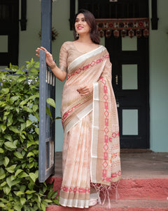 Women's Elegant Beige & Peach Linen Saree | Festive & Casual Wear by LINEN