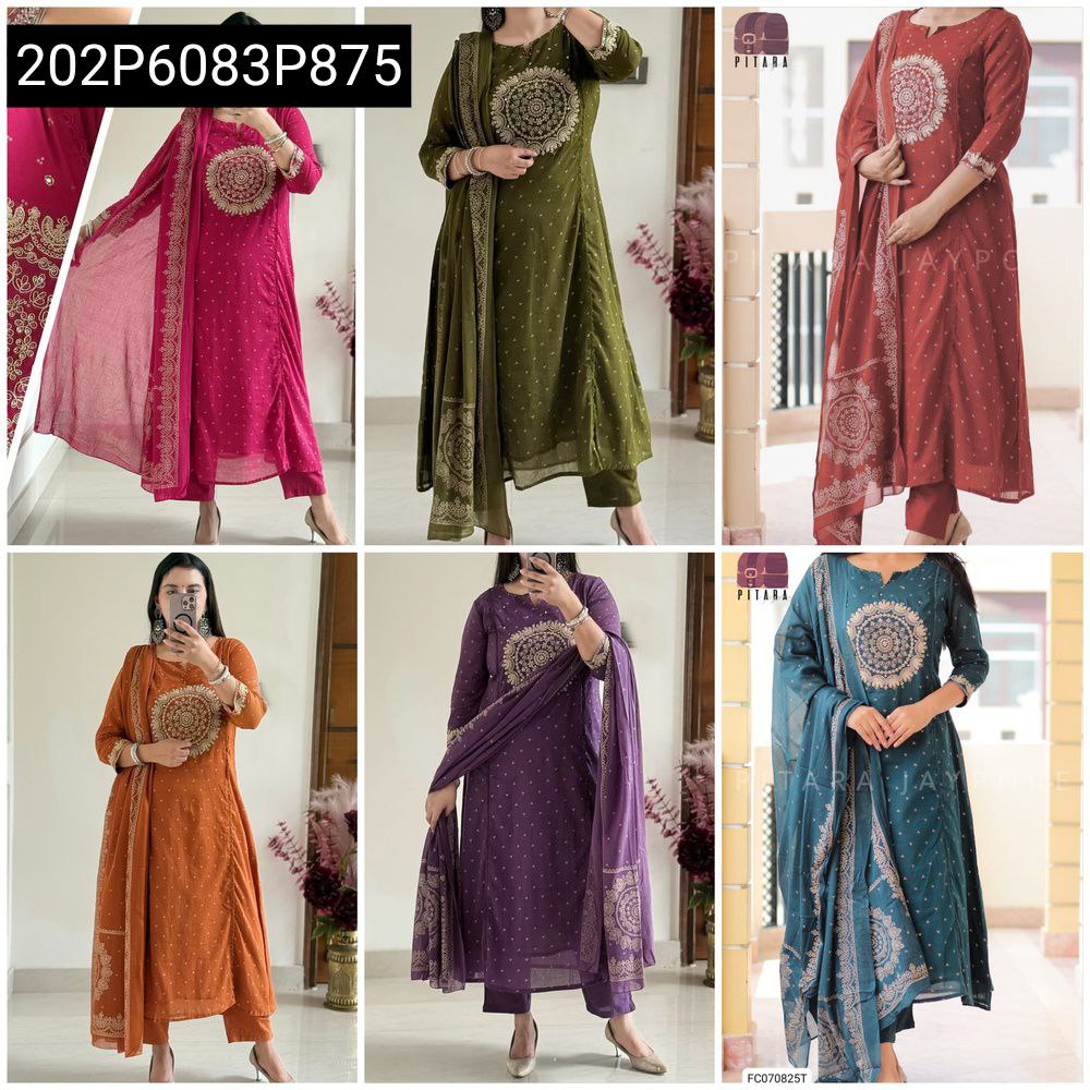 Collage of Women's Elegant Cotton Kurti Pant Dupatta Sets in various colors: Hot Pink, Olive Green, Rust Red, Burnt Orange, Deep Purple, Teal Blue with intricate embroidery.