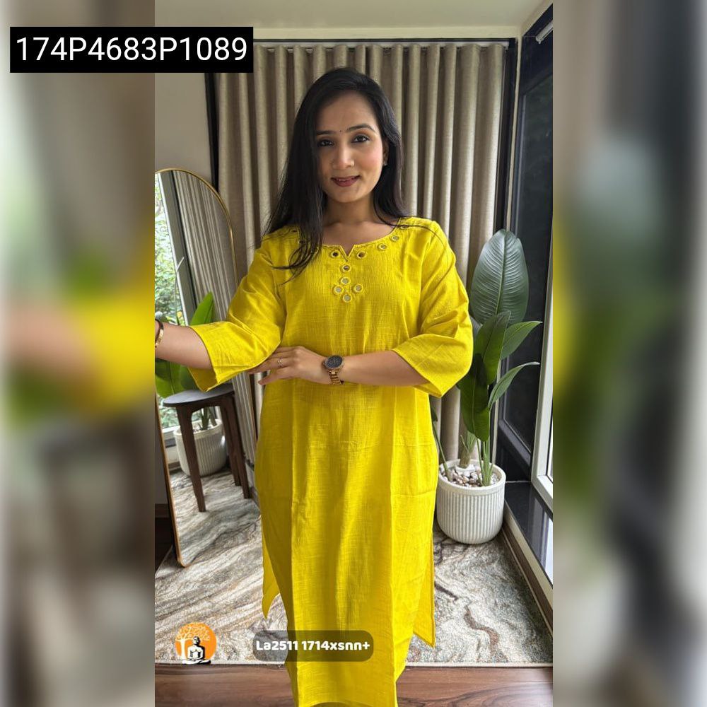 Women's Sunshine Yellow Mirror Work Kurta Set, full body front view