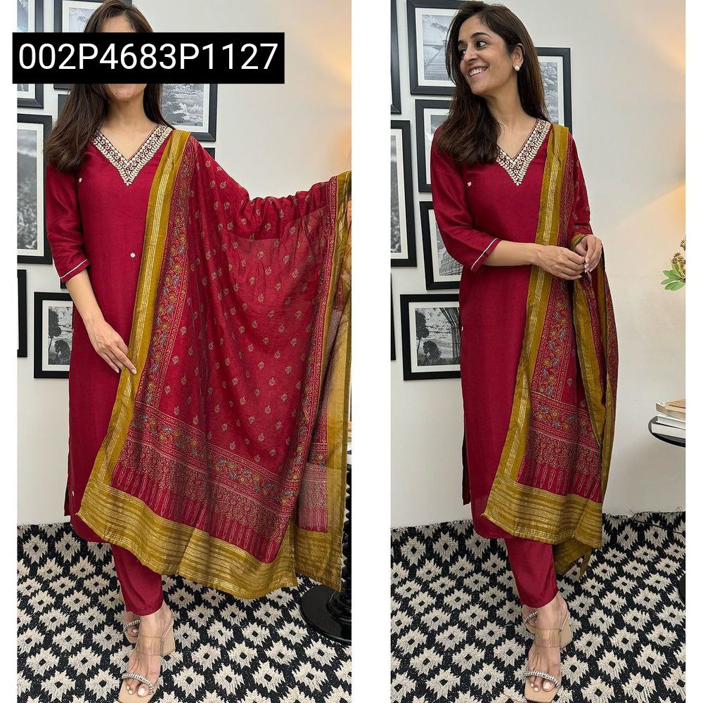 Dynamic full-body shots of a model gracefully showcasing the maroon Roman silk suit set, emphasizing its elegant fit, intricate embellishments, and the luxurious drape of the Banarasi jacquard dupatta.