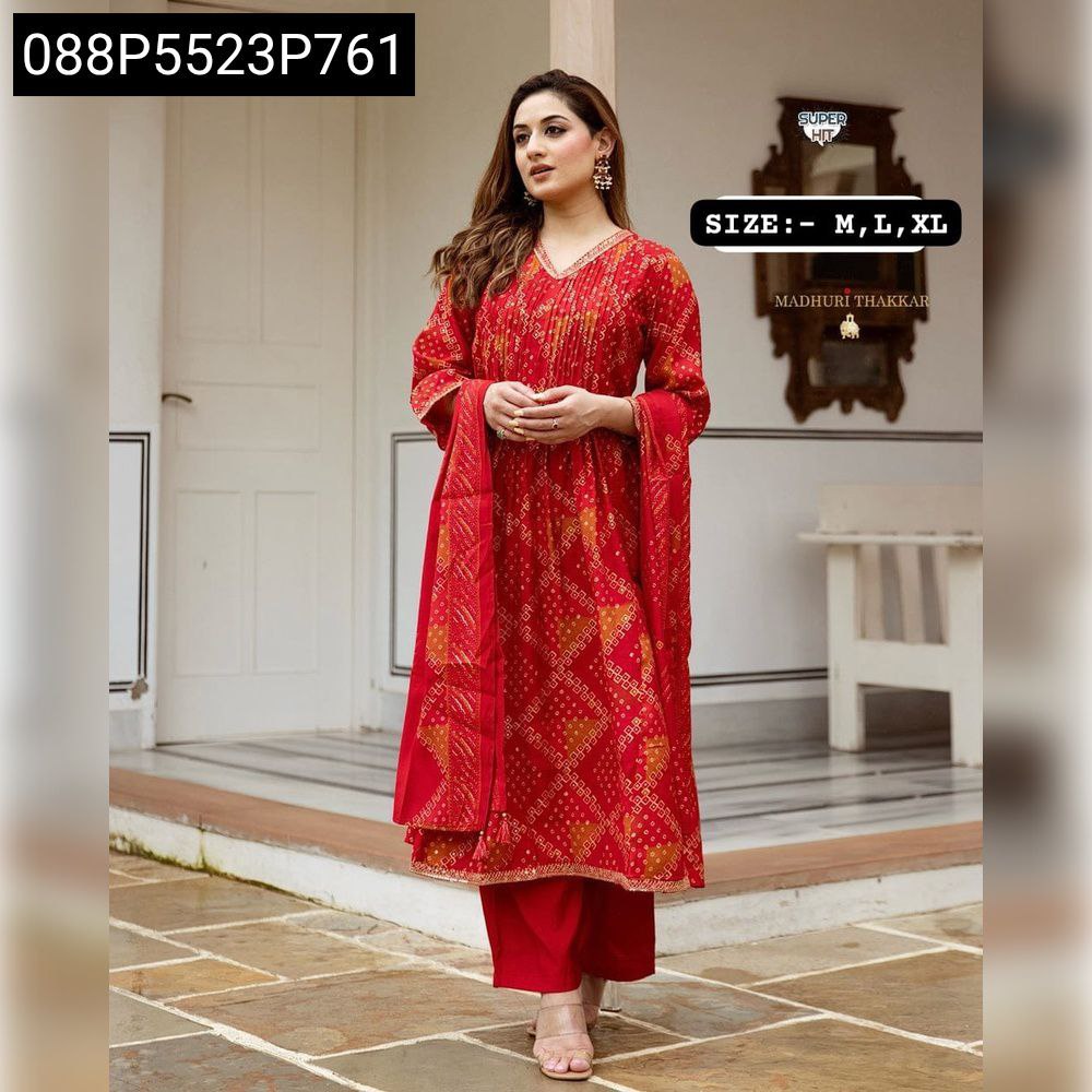 Elegant Women's Red Embroidered A-Line Cotton Kurti Pant Set with Dupatta, full body model shot