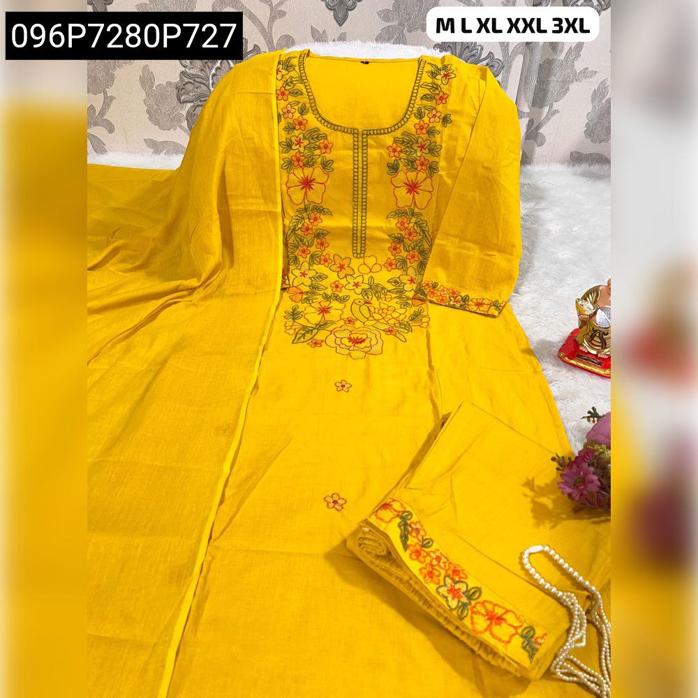 Vibrant yellow A-line kurti set with intricate floral embroidery, laid flat