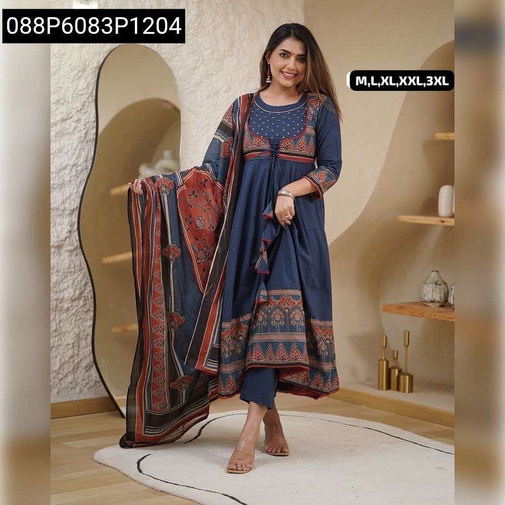 Model wearing Navy Blue Embroidery Mirror Work Anarkali Kurta Set with patterned dupatta