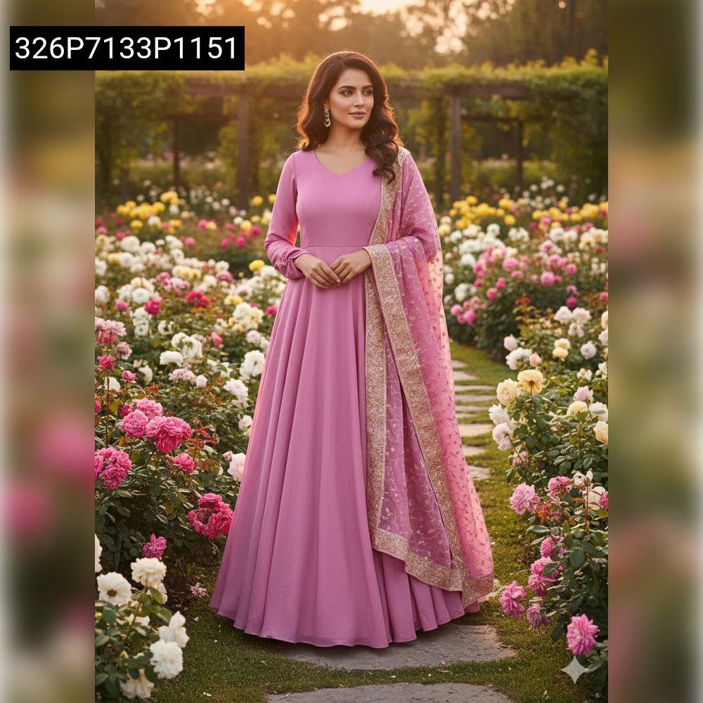Full body front view of a woman in a majestic Lavender Chinon Air Tex Anarkali Suit Set with embroidered dupatta, standing in a beautiful garden.