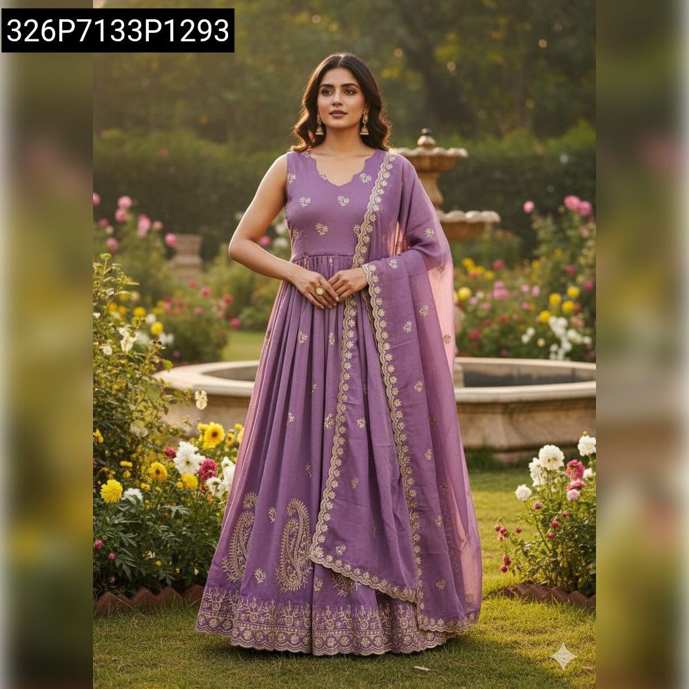 Women's Lavender Embroidered Anarkali Suit made from Cosmos fabric, featuring a model posing elegantly in a garden setting.