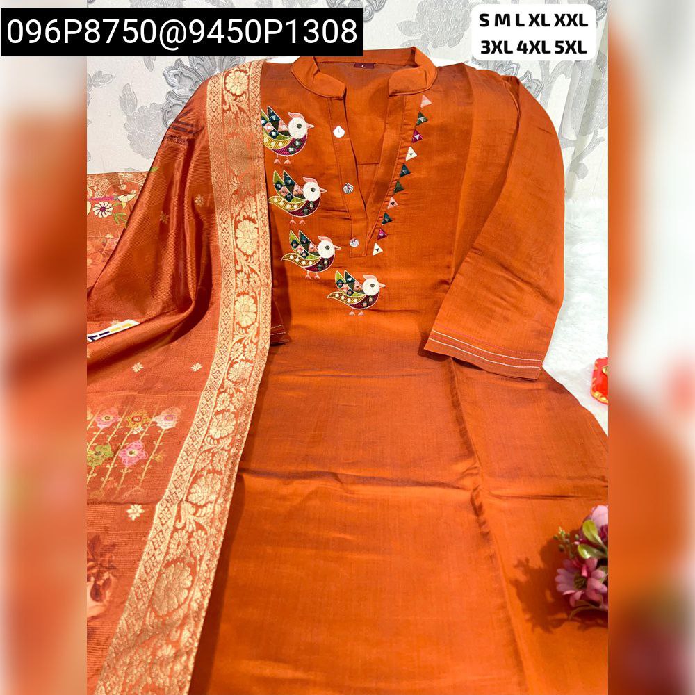 Elegant Rust Orange Banana Silk Kurti Pant Dupatta Set with detailed embroidery for festive wear.