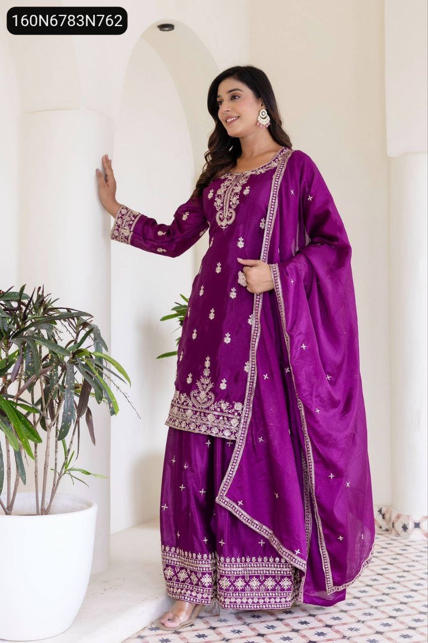 Full-body model wearing a Lavender Chinon Silk Kurti set with intricate embroidery.