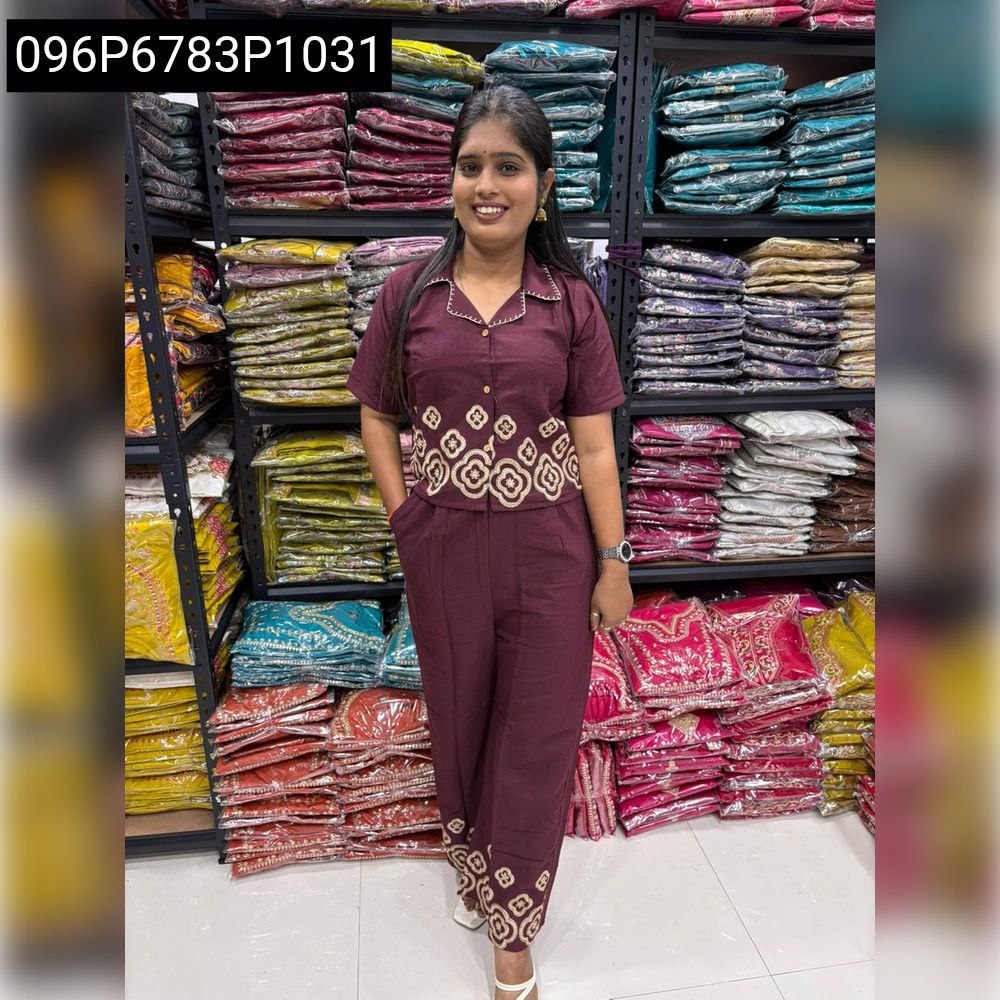 Women's Maroon Embroidered Cotton Cord-Set, full body model shot with geometric embroidery