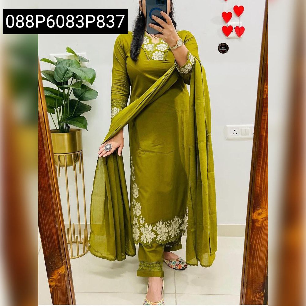 Full body view of a woman elegantly posing in an Olive Green Embroidered Cotton Kurta Set with a matching Malmal Dupatta, showcasing the intricate design.
