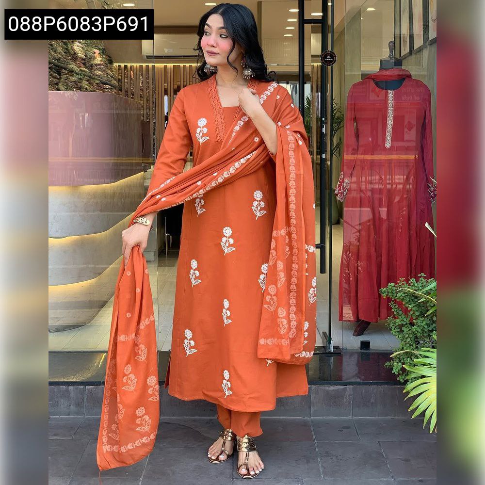 Women's Rust Orange Cotton Kurti Set with White Embroidery