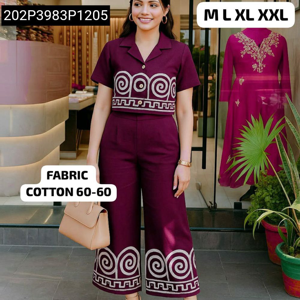 Model showcasing Berry Purple Women's Embroidered Cotton Co-ord Set, front pose