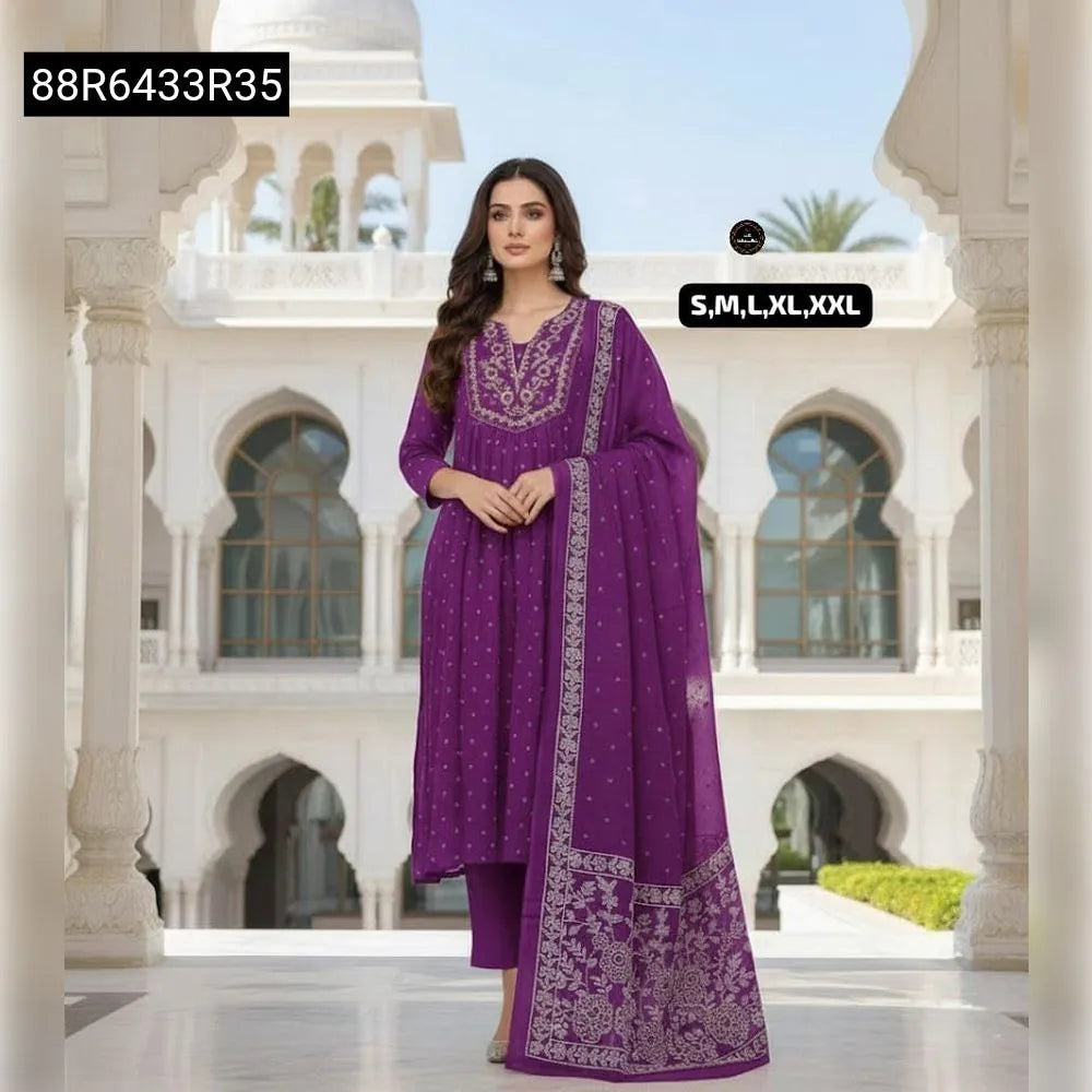 TRENDBUY Women's Royal Purple Embroidered Anarkali Kurta Set with Malmal Dupatta, full front view