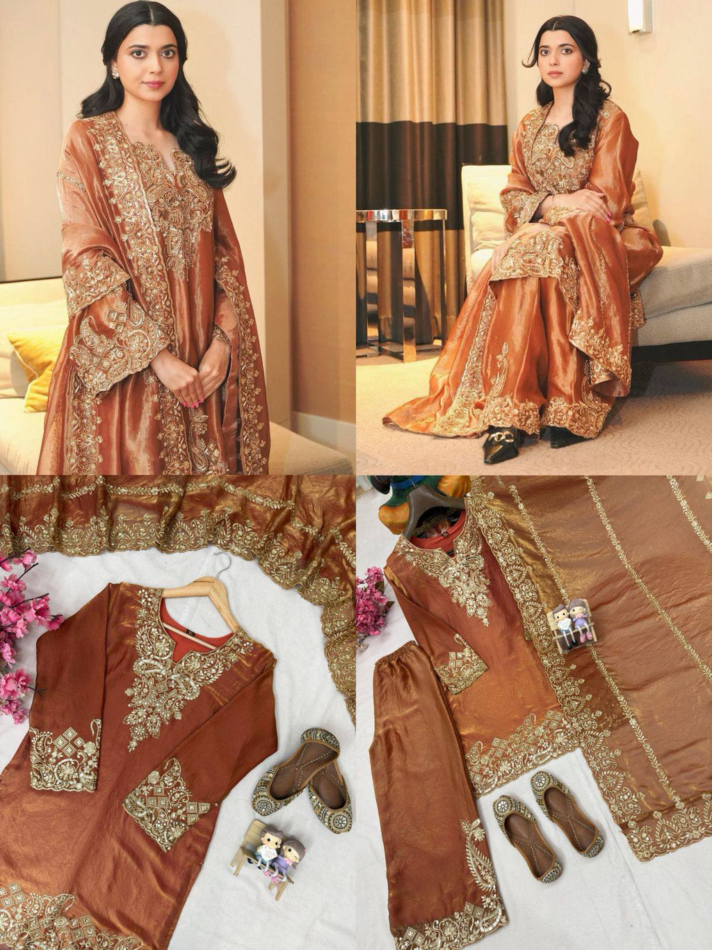 Model wearing an embroidered Frendy silk kurti palazzo set with dupatta, in a composite shot.