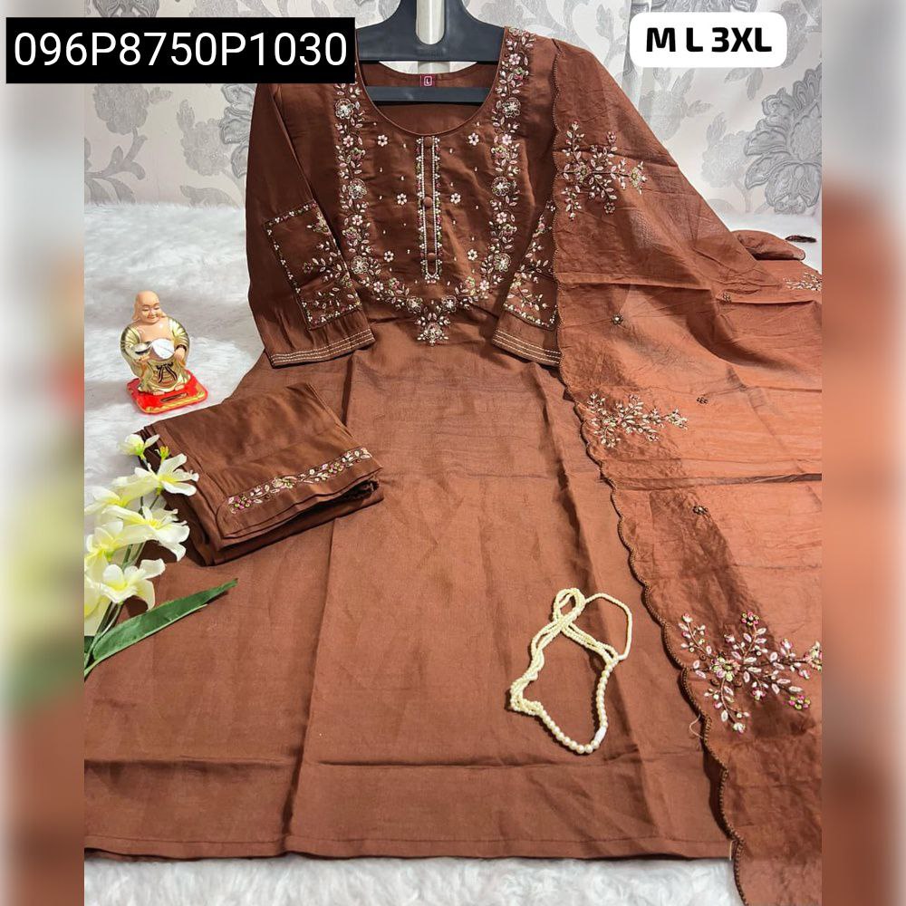 Brown Women's Embroidered Hand Work Kurti Pant Dupatta Set display